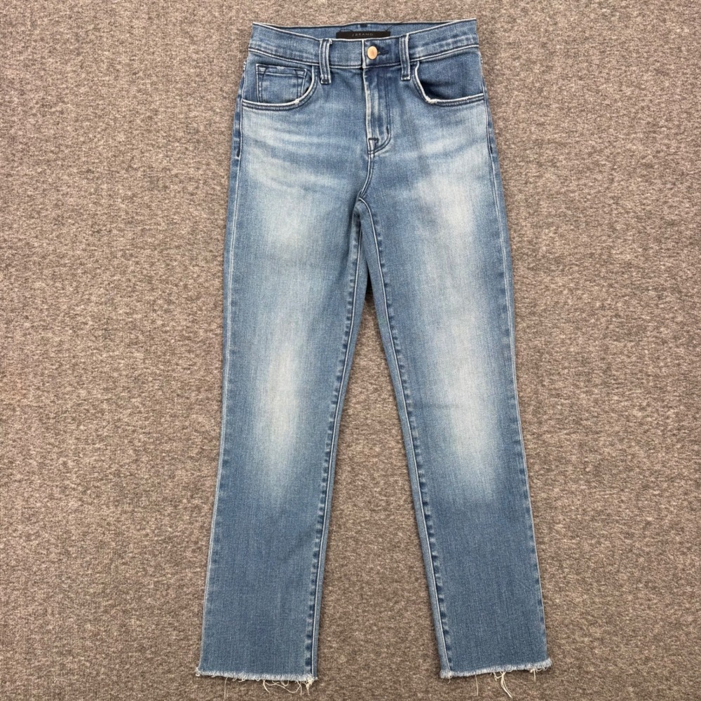 J Brand Adele Mid Rise Straight Leg Jeans Sorority Raze Raw Hem Blue Ankle